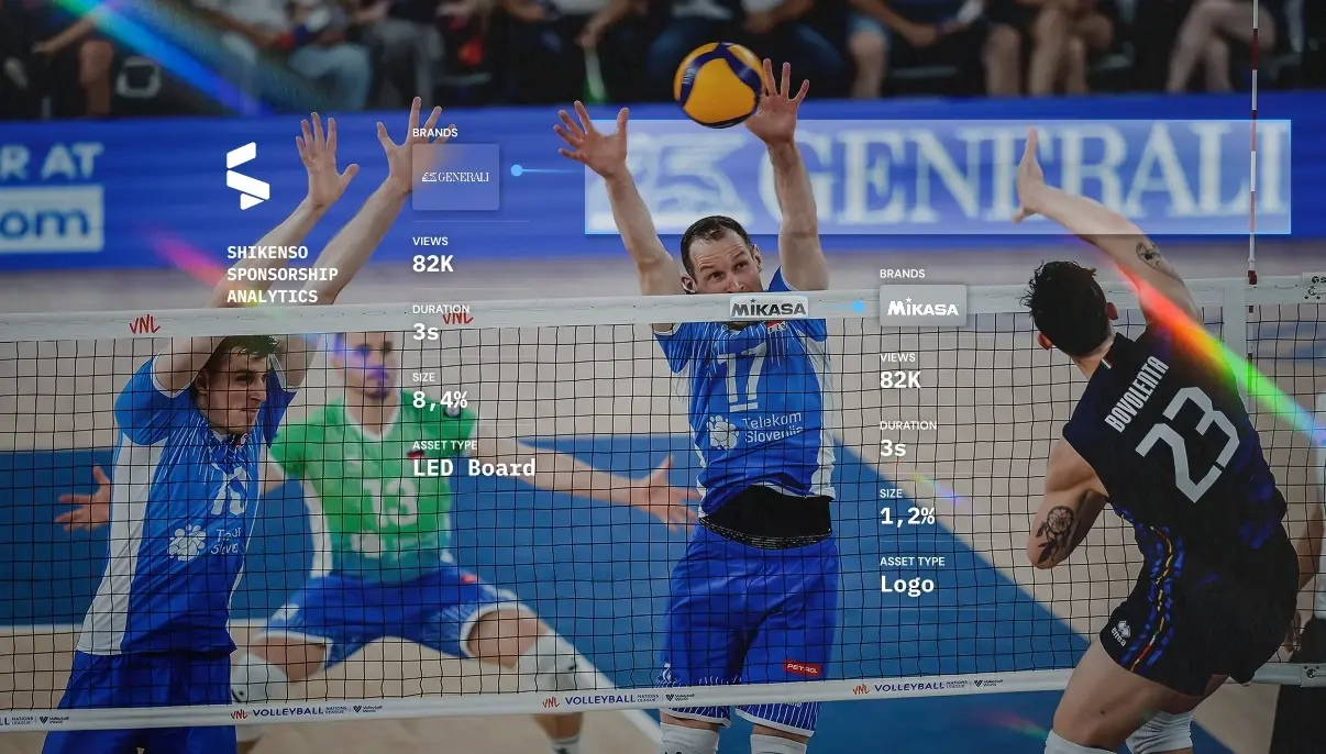 Volleyball match sponsor analytics showing Mikasa and Generali logos with 82K views and €411K media value.