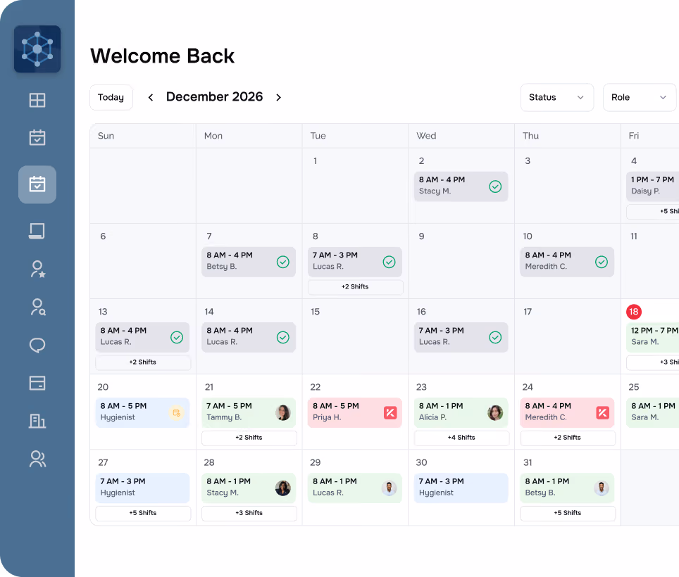 Digital calendar interface for December 2026 showing employee work shifts for each day with names, shift times, and status icons, along with sidebar navigation icons on the left.