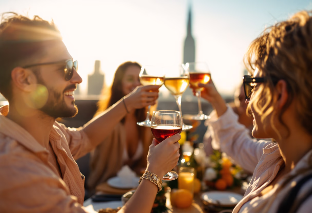 image of friends making a toast at a chic rooftop cocktail party (for an event planning service)