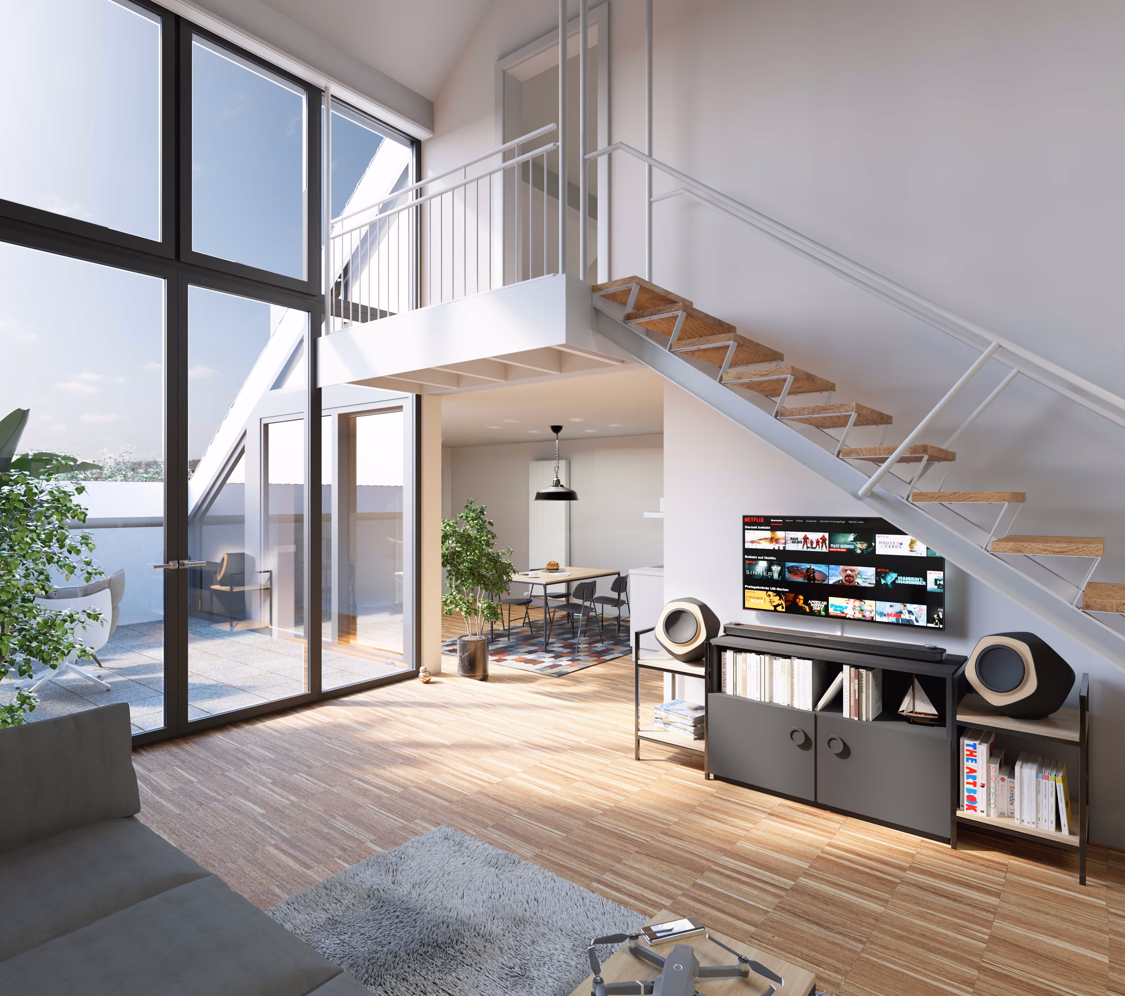 Modernes Apartment in Aachen mit großer Fensterfront, Galerie und stilvollem Wohnbereich