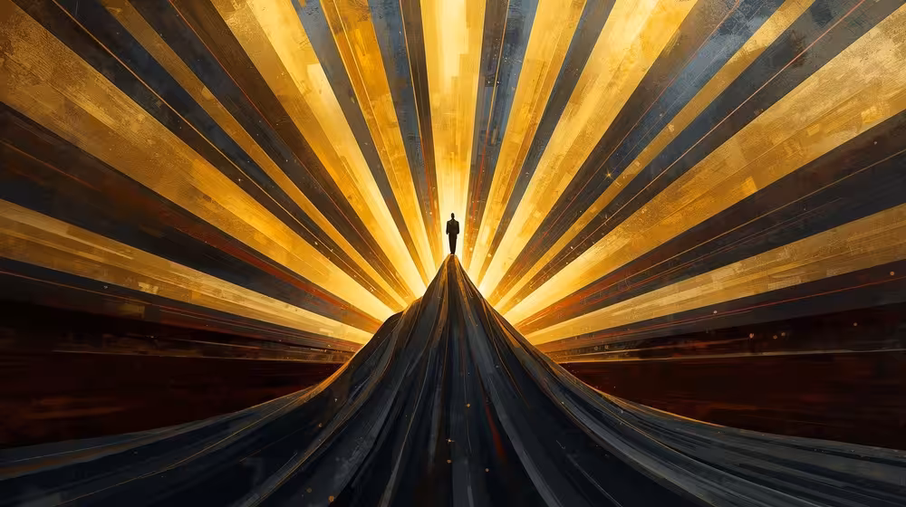 Silhouette of a person standing atop a dark peak with radiant golden light beams spreading outward behind them.