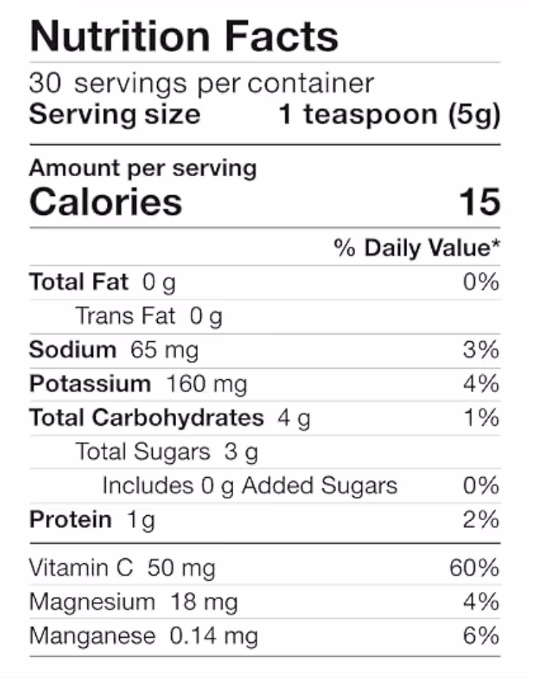 Live it Up Supergreens Supplement Fact table