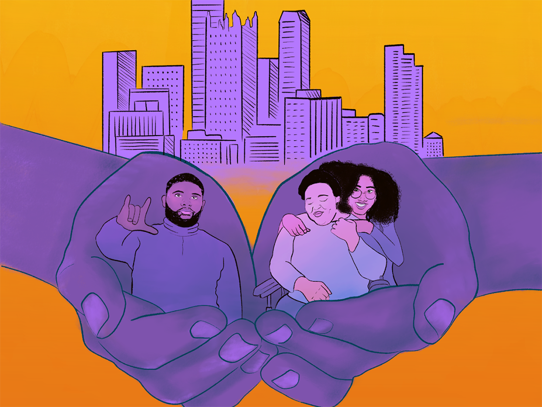 Purple and yellow illustration of hands holding disabled people in front a cityscape. Left person signing love in ASL. Right person in a wheelchair being embraced by another person.