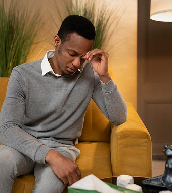 A man in a grey sweater is sitting on a yellow couch with his hand supporting his head showing an expression of deep thought.