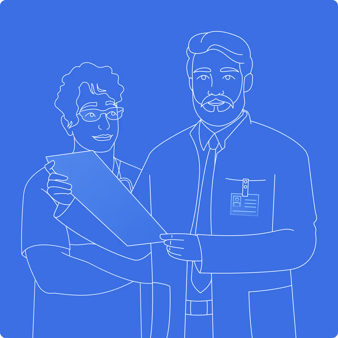 Outline style graphic of two healthcare professionals reviewing a medical chart.