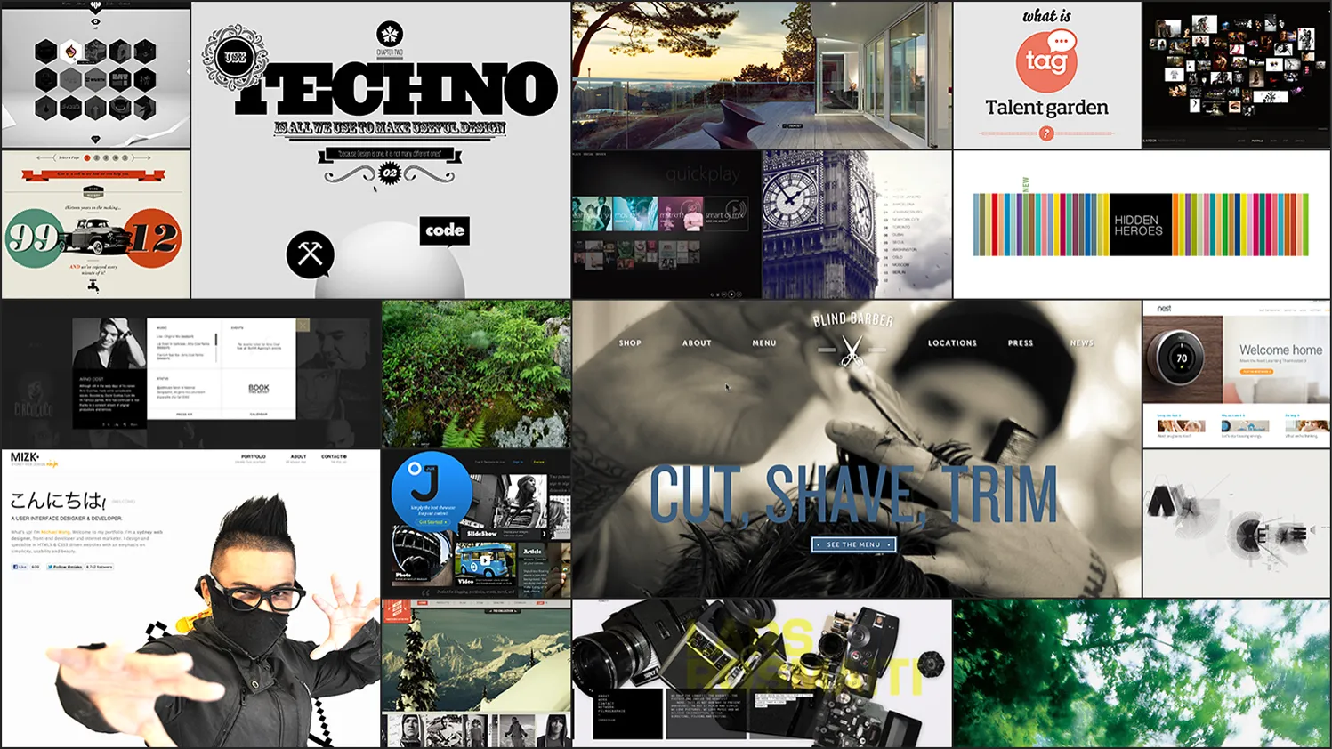 Collage of various website and digital media designs including tech typography, outdoor scenery, barber service, and a masked person posing.