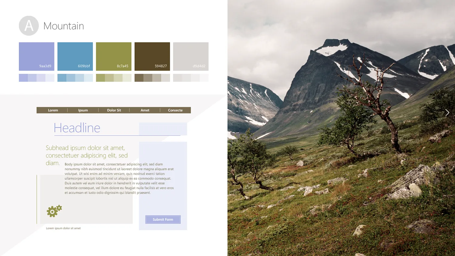 Website design concept with mountain color palette on the left and a scenic mountain landscape with rocky terrain and sparse trees on the right.