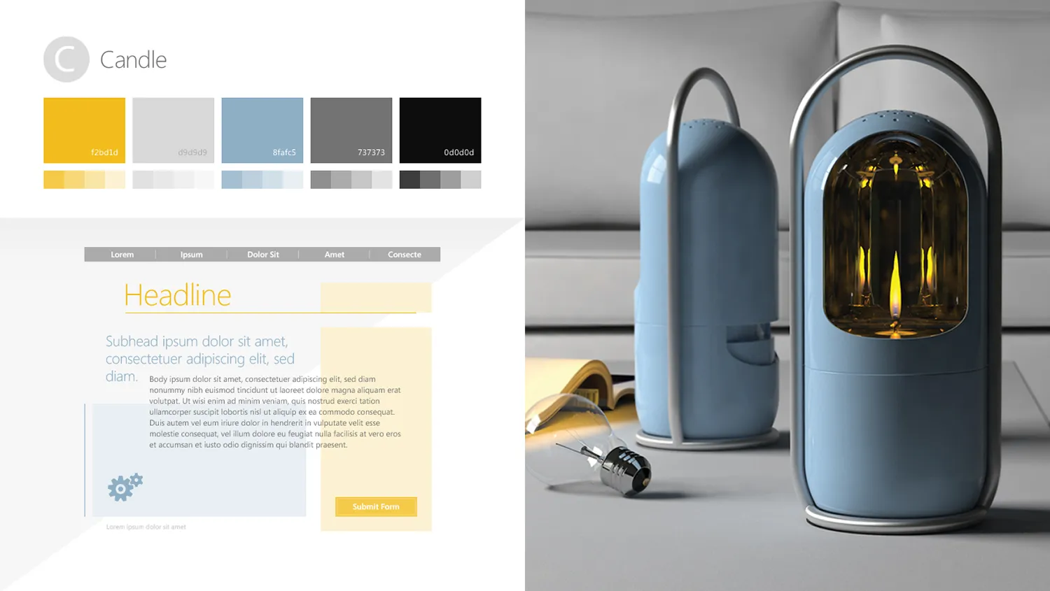 Modern blue candle lanterns with metal handles on a table in front of a beige sofa, accompanied by an open book and a glass light bulb.