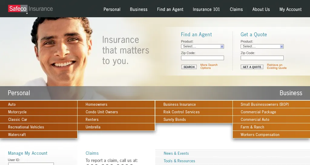 Safeco Insurance website homepage with navigation menu and insurance category tabs for Personal and Business.