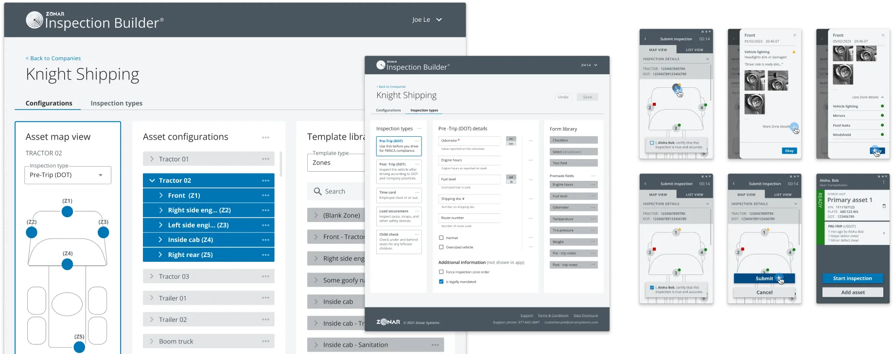 Zonar Inspection Builder interface showing configuration and inspection screens for Knight Shipping with tractor inspection zones, pre-trip details, and mobile inspection submission views.