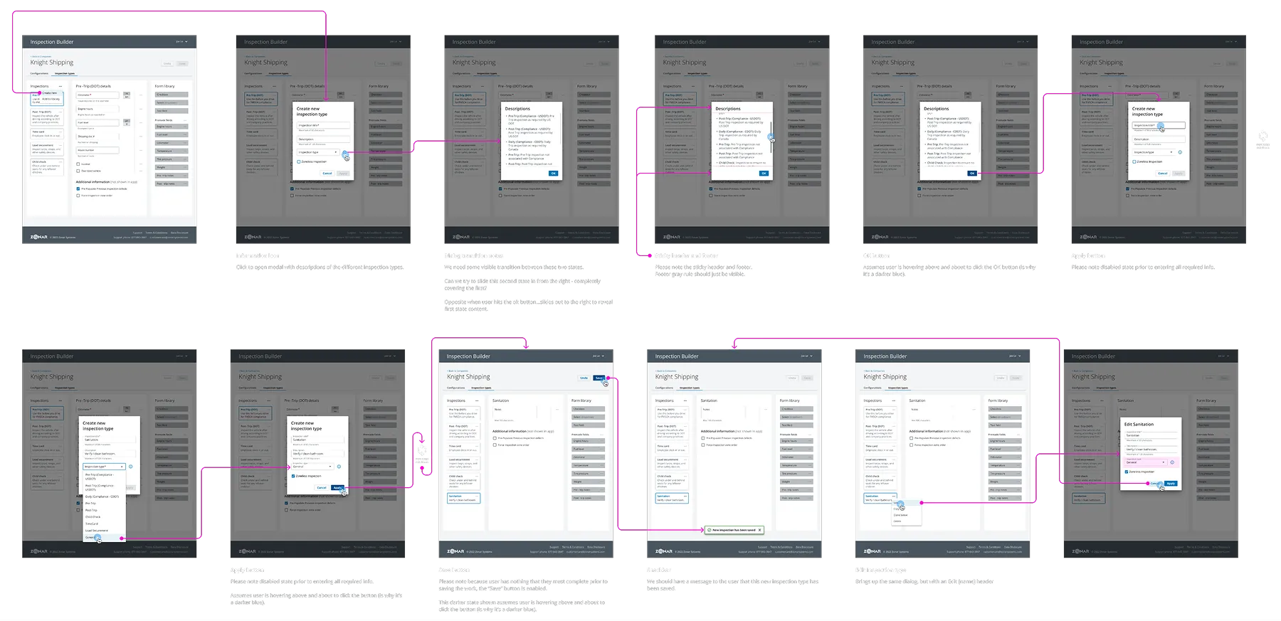 Series of screenshots showing the Inspection Builder interface for Knight Shipping, including creating and editing inspection types, description pop-ups, form library, and user interactions with apply and save buttons.