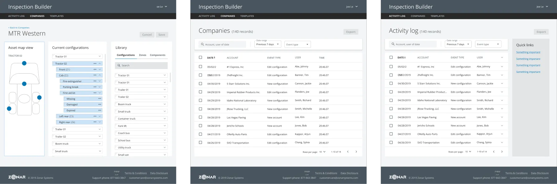 Three side-by-side screenshots of the Inspection Builder software showing company asset map with configurations, a list of companies with event logs, and an activity log with quick links.