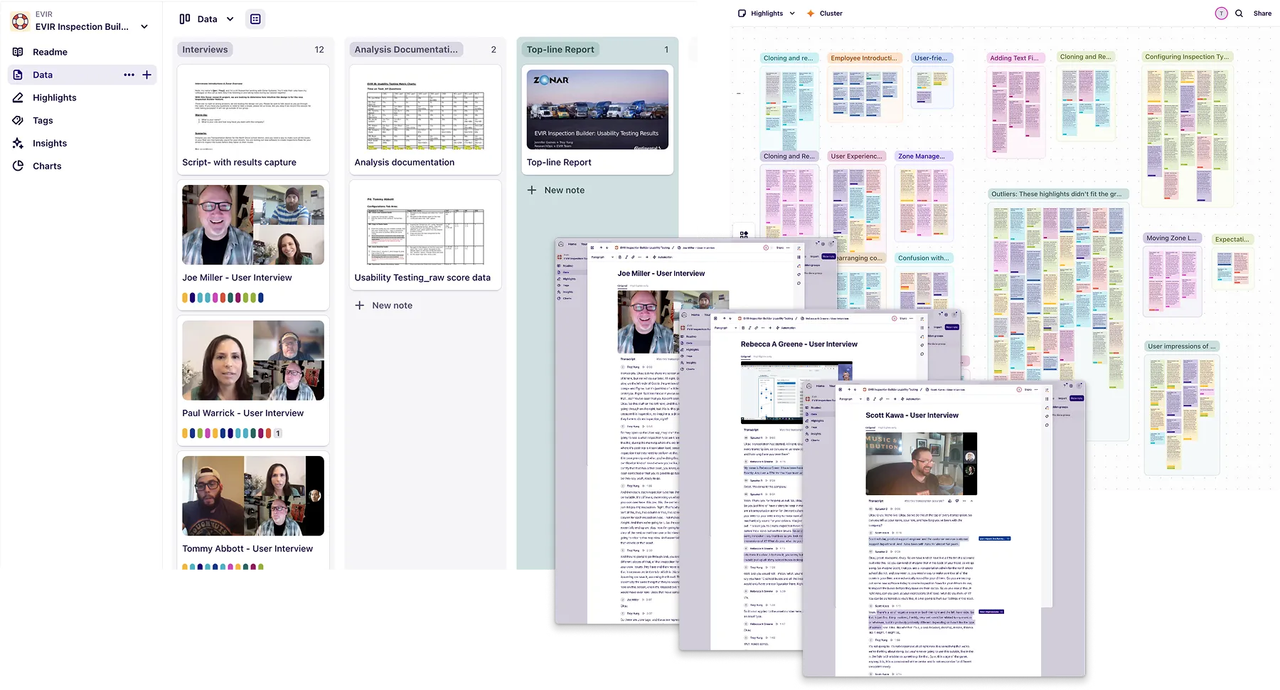 Screenshot of an EVIR Inspection Builder Usability Testing document showing research goals, methodology with user testing details, participants list with session recordings, and participant questions for workflow testing.