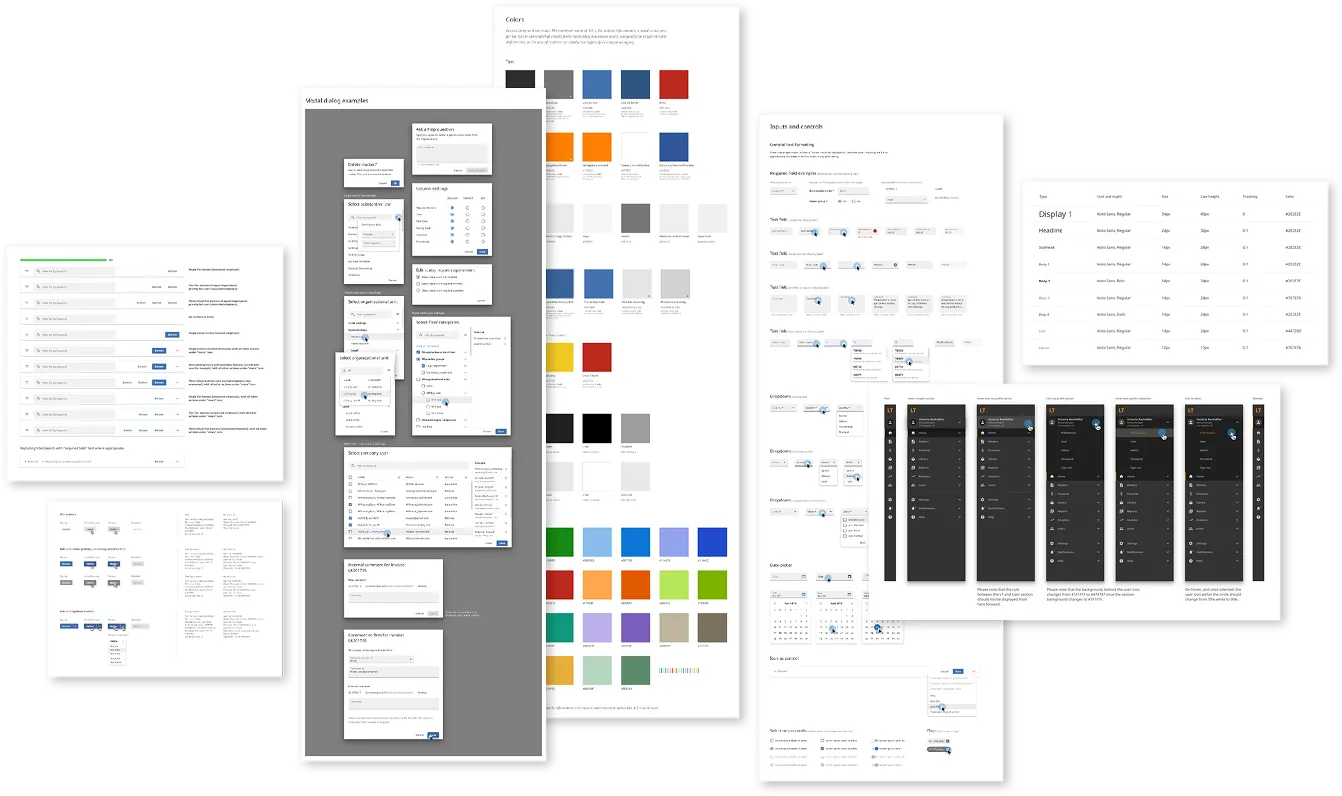 Collection of UI design examples including color palettes, font styles, input fields, modal dialogs, dropdown menus, and sidebar navigation panels on a black background.