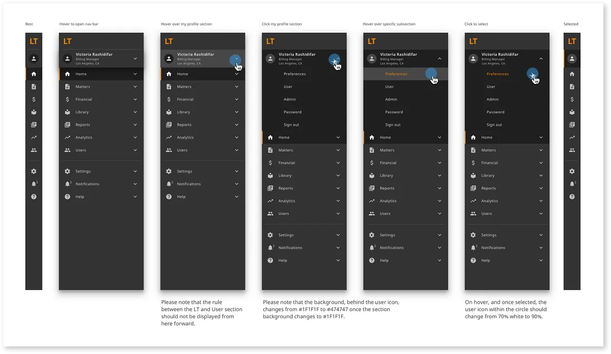 Step-by-step UI sidebar navigation states showing hover and click effects on user profile and preferences with background color and icon highlight changes.