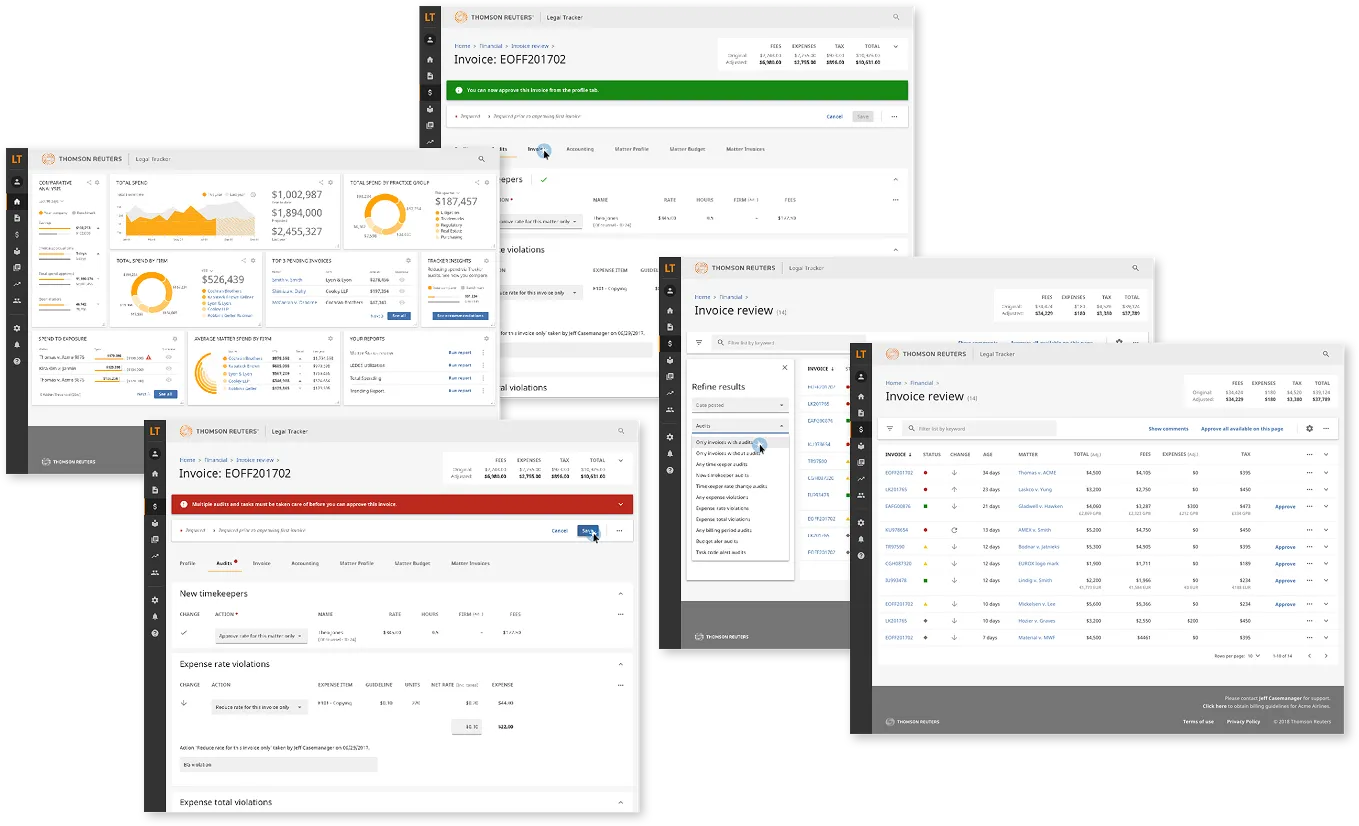 Collage of Thomson Reuters Legal Tracker interface screenshots showing invoice review, invoice data, spend analytics, and invoice approval screens with charts, tables, and filters.