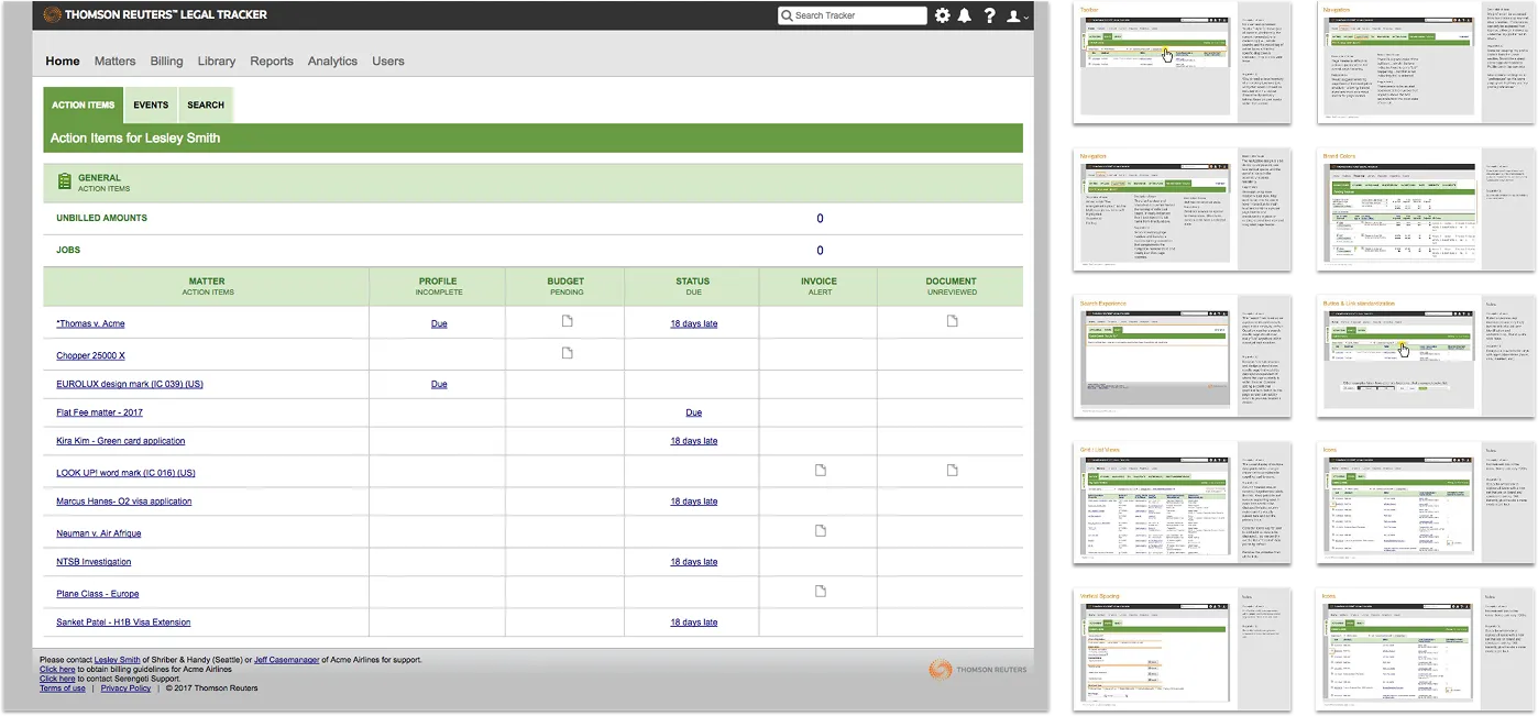 Thomson Reuters Legal Tracker dashboard and other pages as part of the Heuristic evaluation with notes.