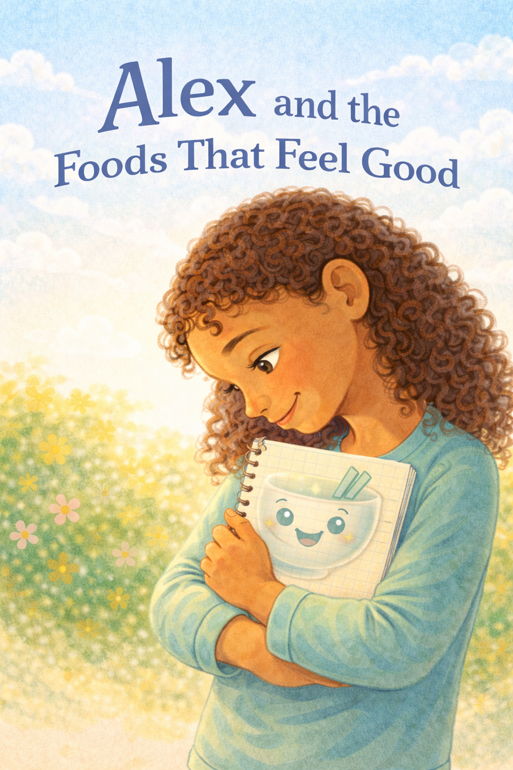 Freeater children's book preview. Smiling girl with curly hair hugging a notebook showing a happy bowl with chopsticks, with the text 'Alex and the Foods That Feel Good' above her.
