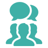 Icon of three people with two speech bubbles above them representing community or conversation.