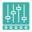 Icon of audio mixing console sliders and knobs representing sound control settings.