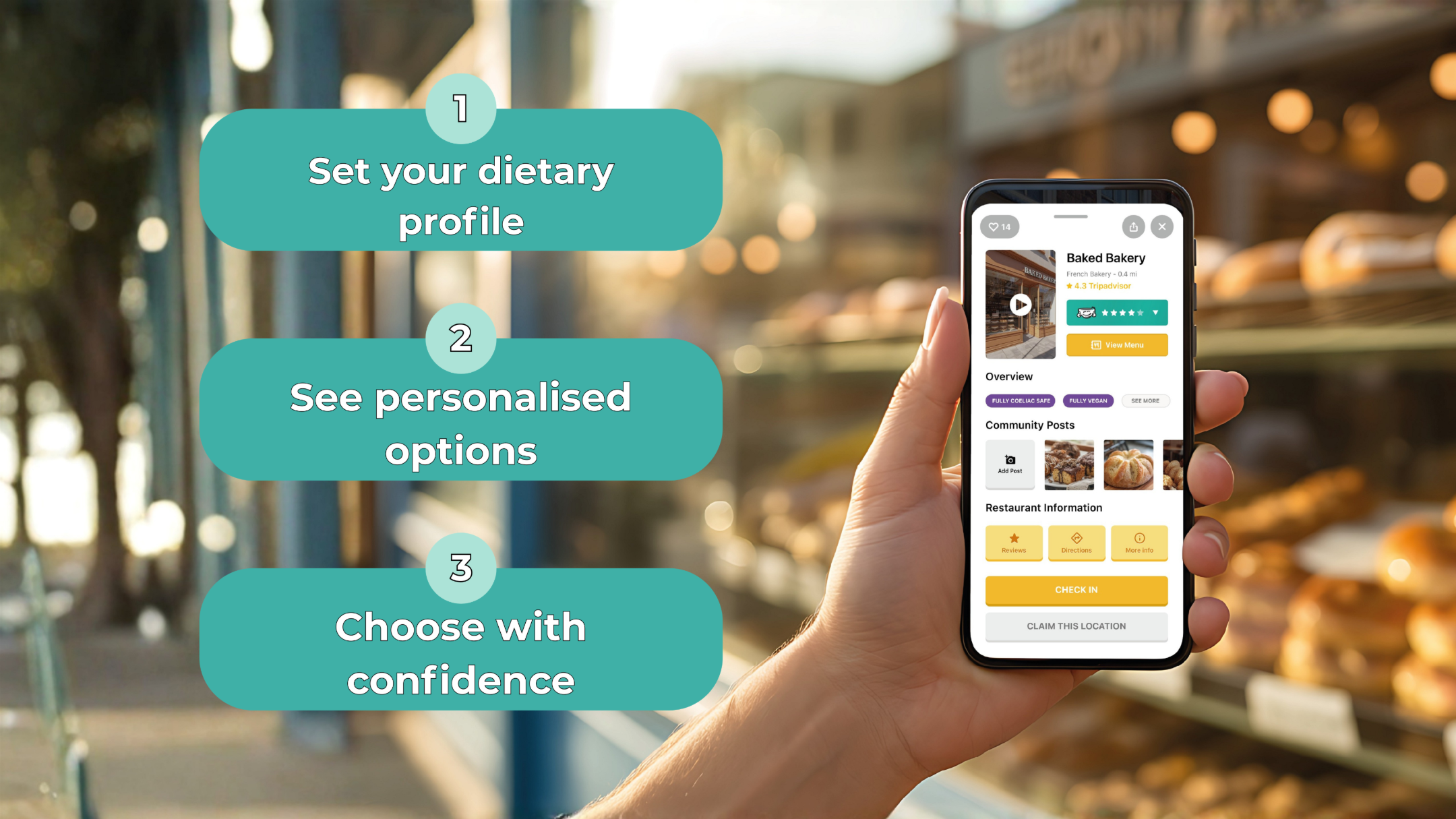 Hand holding smartphone displaying a bakery app with steps to set dietary profile, see personalised options, and choose with confidence.