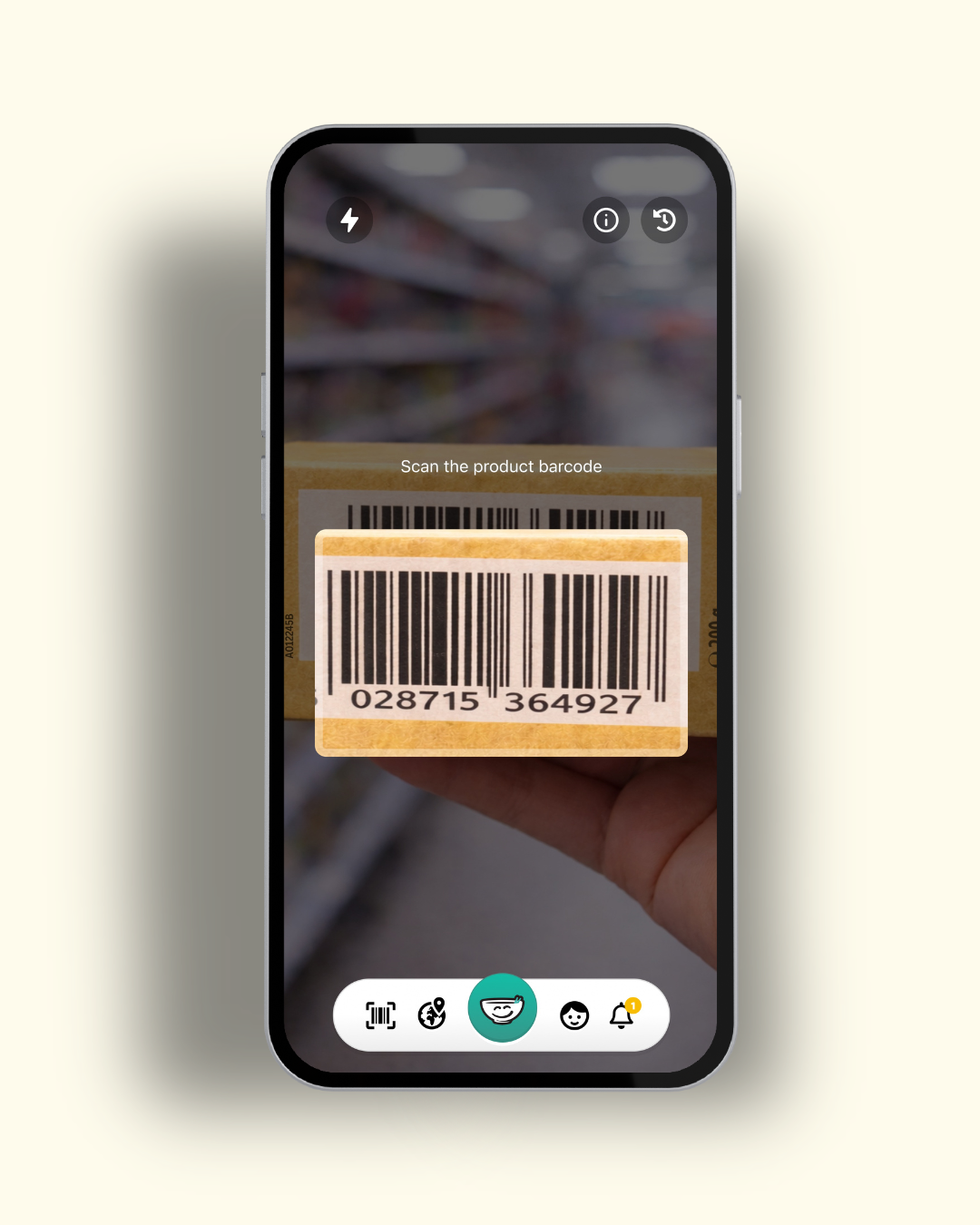 Smartphone screen showing a barcode scanning interface focused on a product barcode with numbers 028715 364927 in a store aisle.
