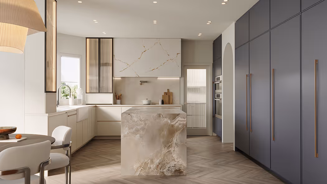 rendering of a transitional style kitchen with unique stone, white and navy shaker cabinets.