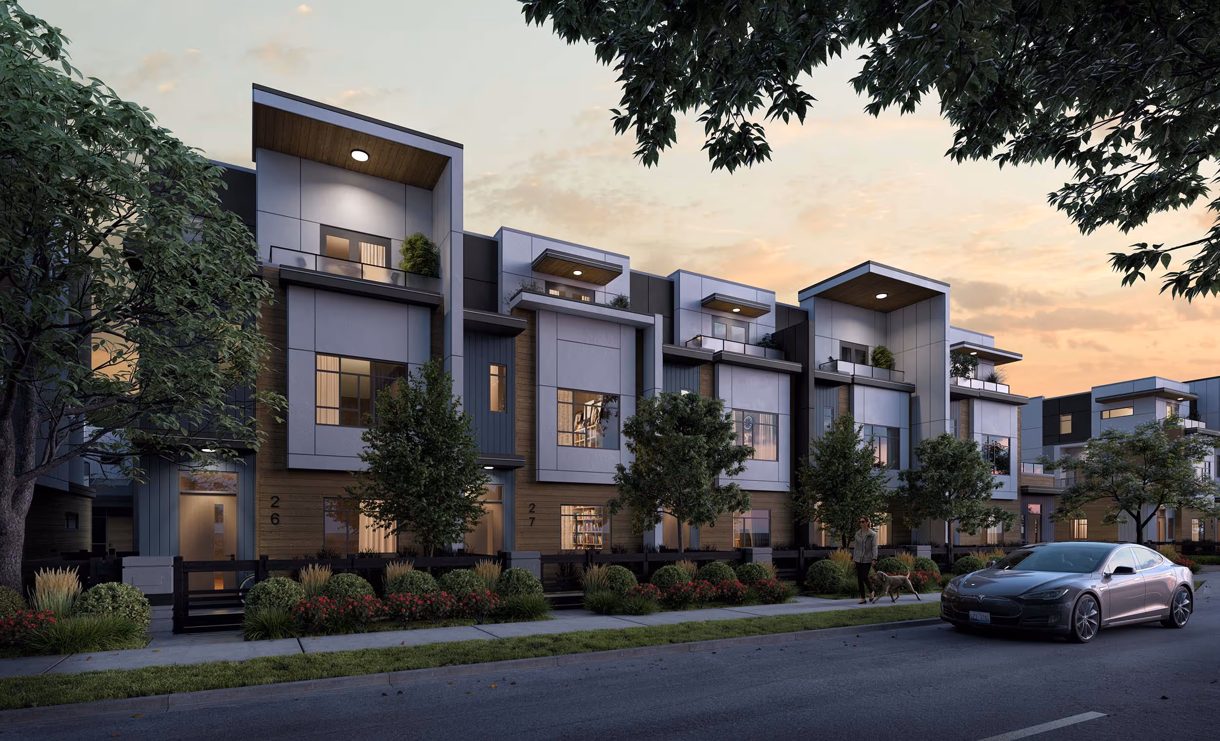 exterior rendering of a modern townhome at dusk