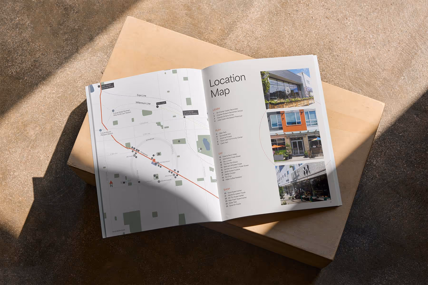 open brochure showing a map and images of the area
