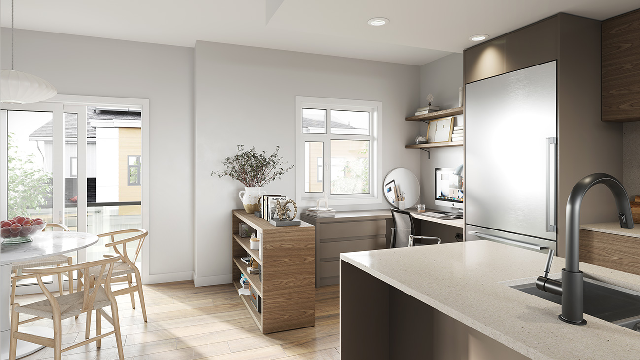 Modern kitchen with wooden flooring, a marble dining table with chairs, a built-in home office area, and a large refrigerator.