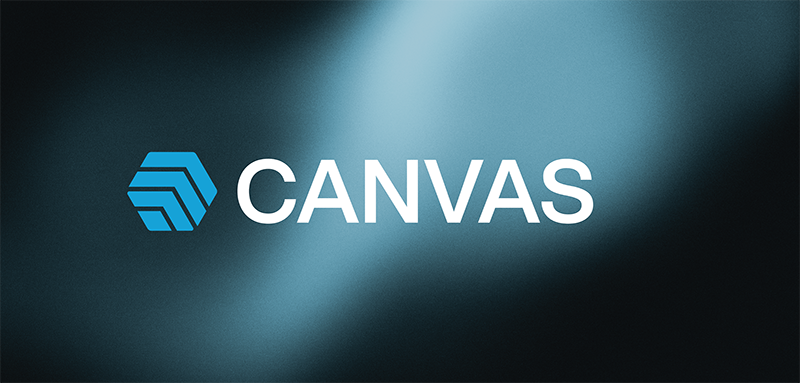 The logo for Canvas, which is a lined hexagon in blue and the word CANVAS next to it in white letters