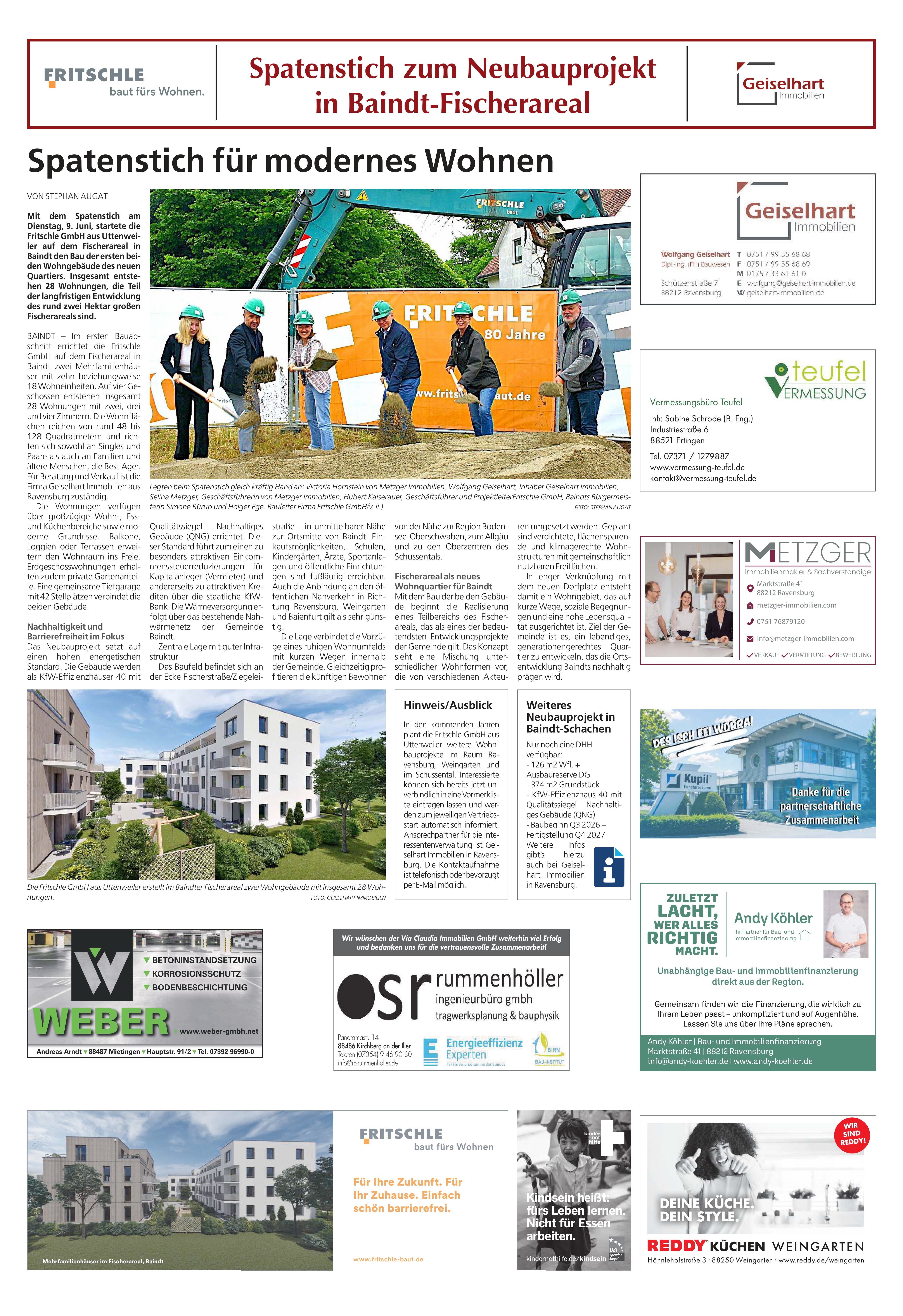 Zeitungsartikel zum Spatenstich im Fischerareal Baindt