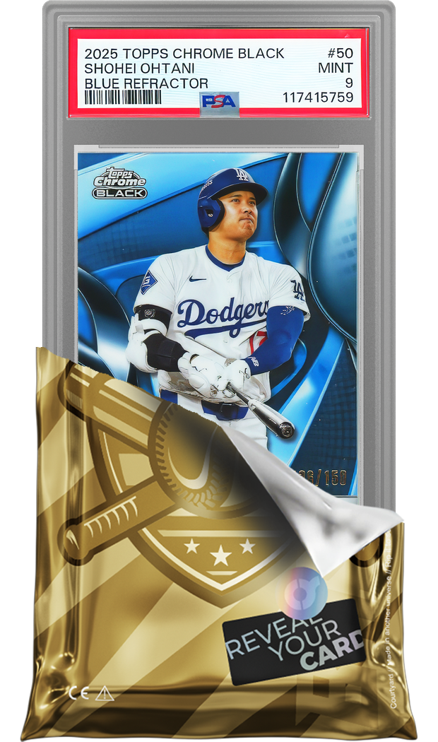 Shohei Ohtani graded card emerging from an open gold pack