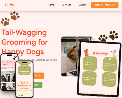 Landing page for PuffyJ dog grooming salon with clear CTAs