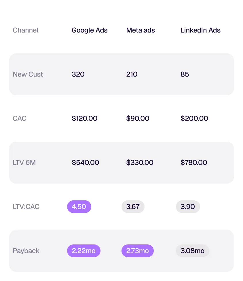 Table comparing Google Ads, Meta ads, and LinkedIn Ads across metrics: New Customers (320, 210, 85), CAC ($120, $90, $200), LTV 6M ($540, $330, $780), LTV:CAC ratio (4.50, 3.67, 3.90), and Payback in months (2.22, 2.73, 3.08).