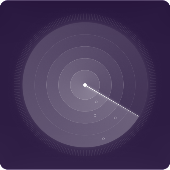 Radar screen with a sweep line scanning and four detected blips at varying distances.