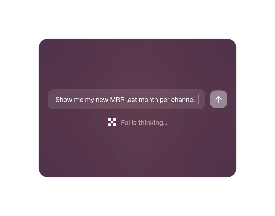 User interface showing a text input with the query 'Show me my new MRR last month per channel' and a status message 'Fai is thinking...'.
