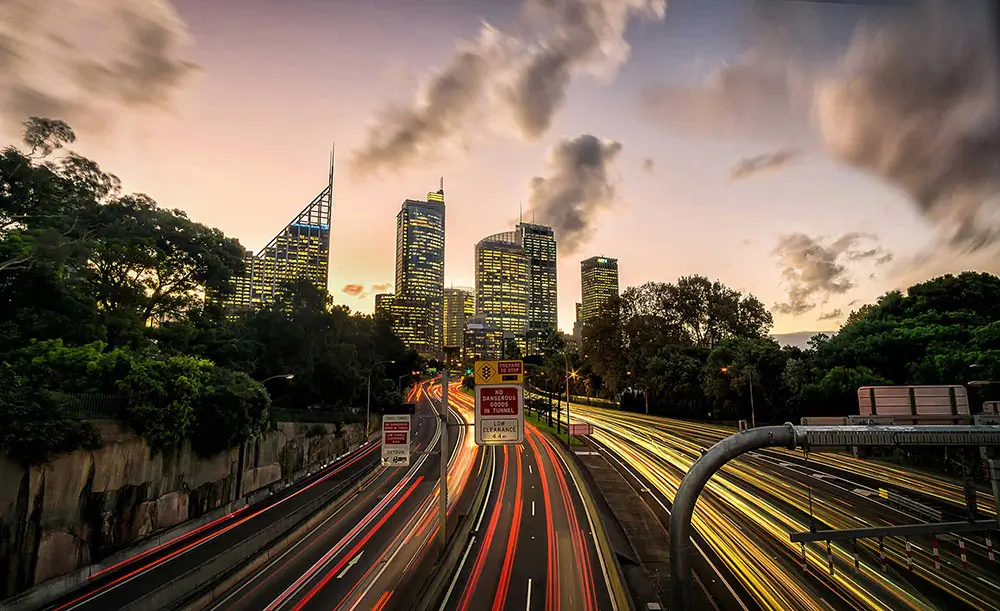 A time-lapse image of cars on a freeway