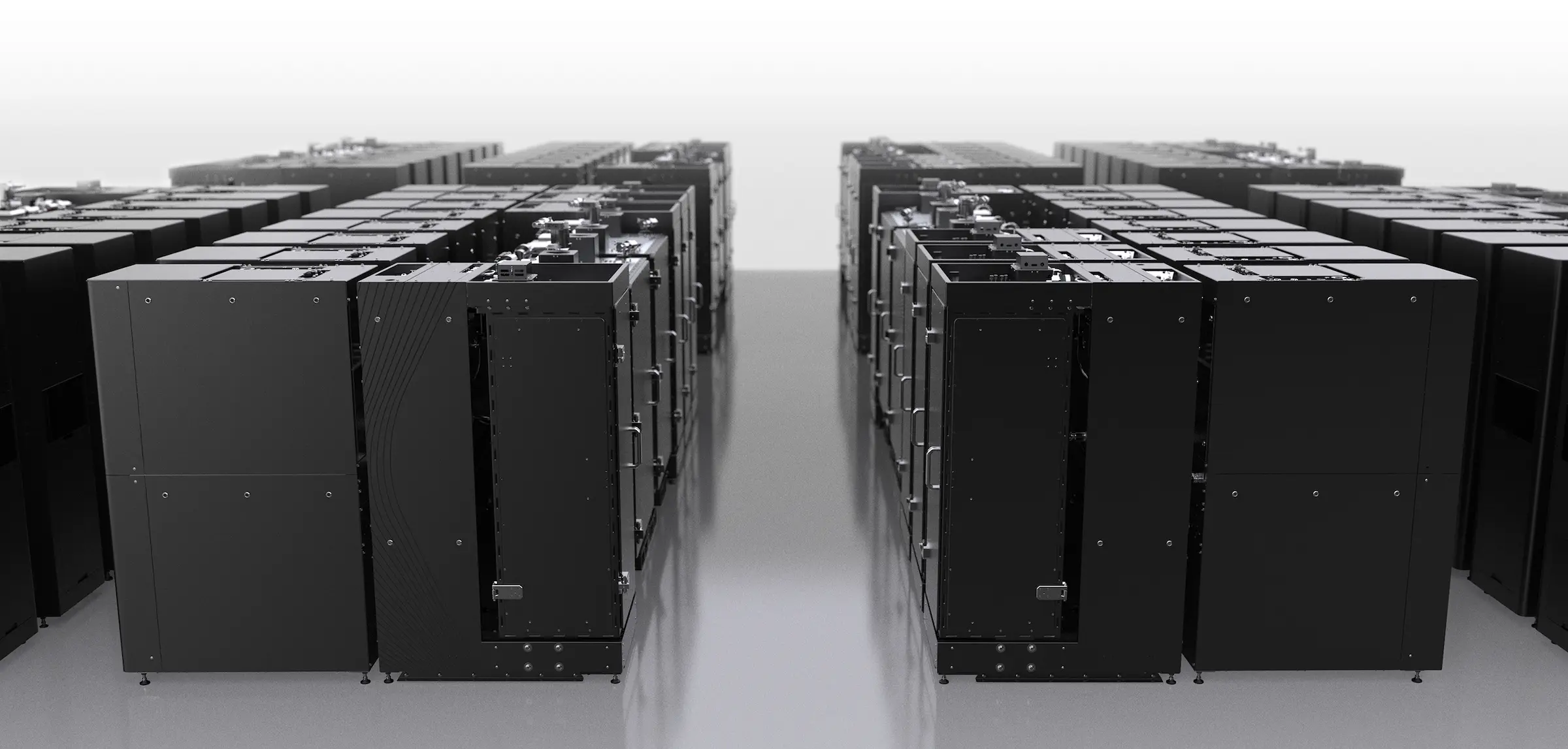 Aisle through a data center packed with Maybell dilution refrigerators