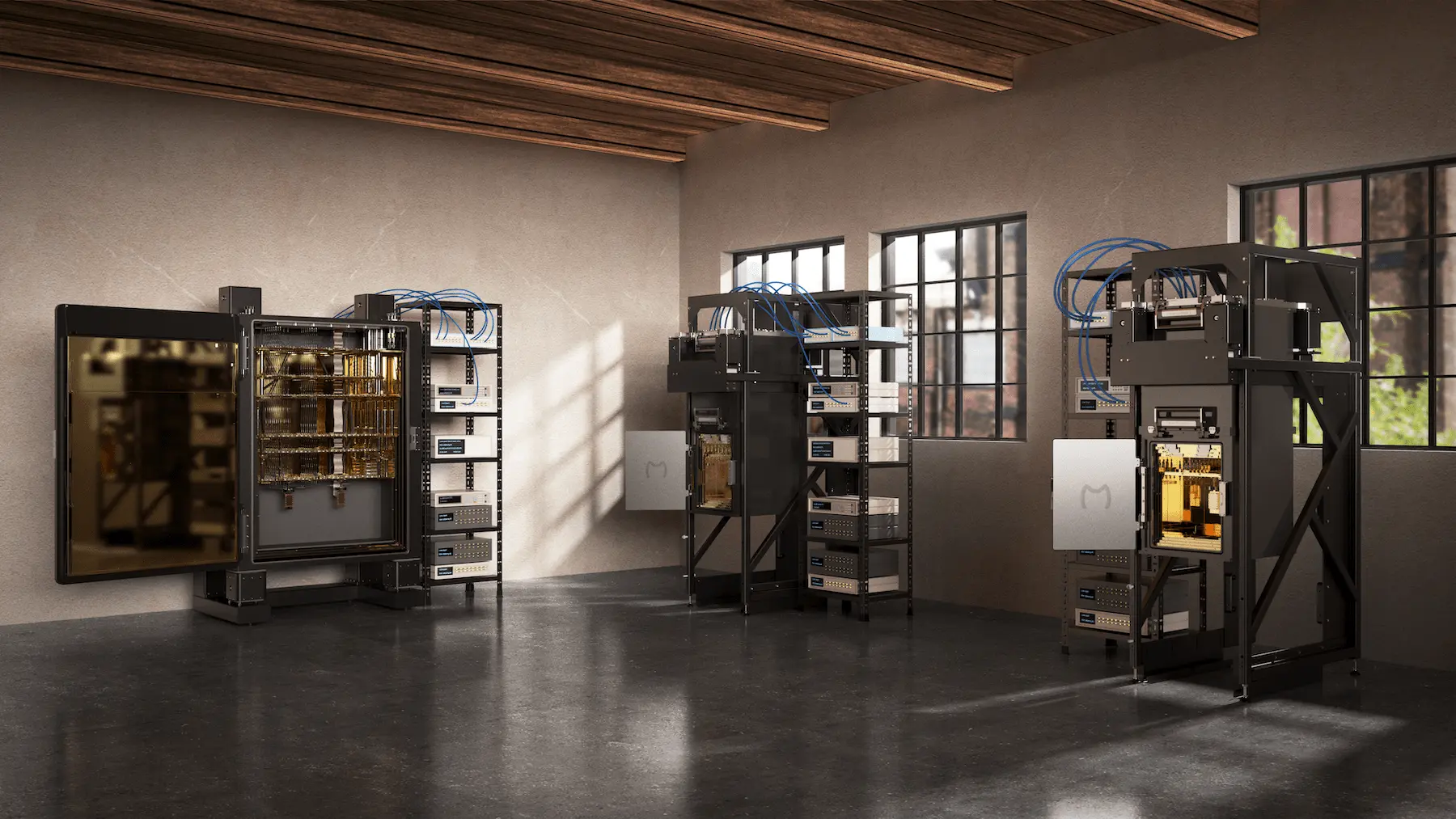 A MayQ Lab location featuring several dilution refrigerators and a well-lit work area