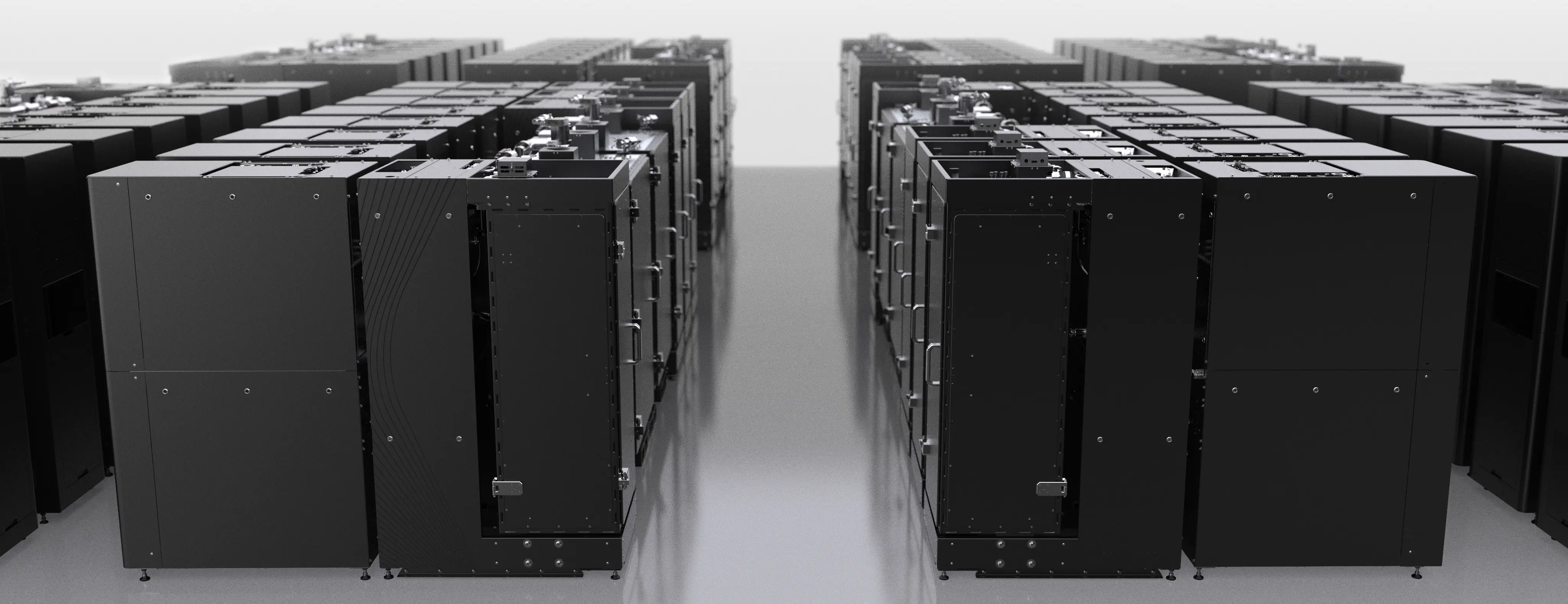 Aisle through a data center packed with Maybell dilution refrigerators