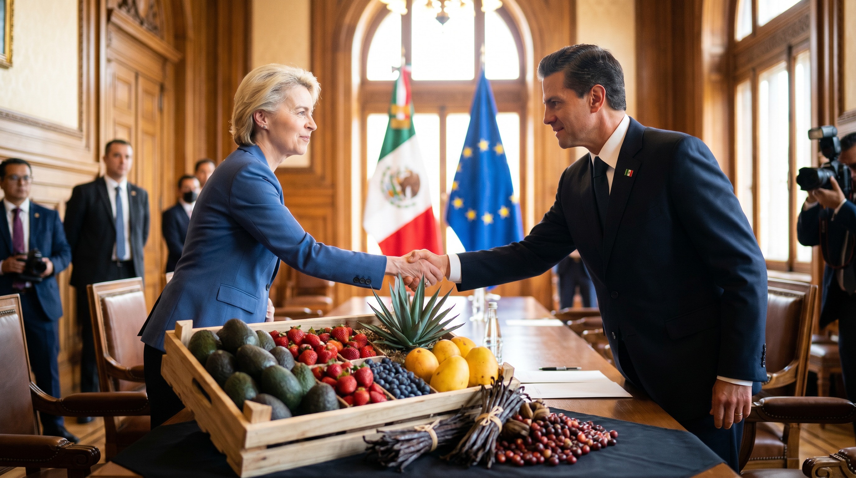 Funcionarios de México y la Unión Europea estrechan manos sobre una mesa con aguacates, berries, mangos, agave, vainilla y café mexicanos, ante las banderas de México y la UE — firma del Acuerdo Global Modernizado el 22 de mayo de 2026