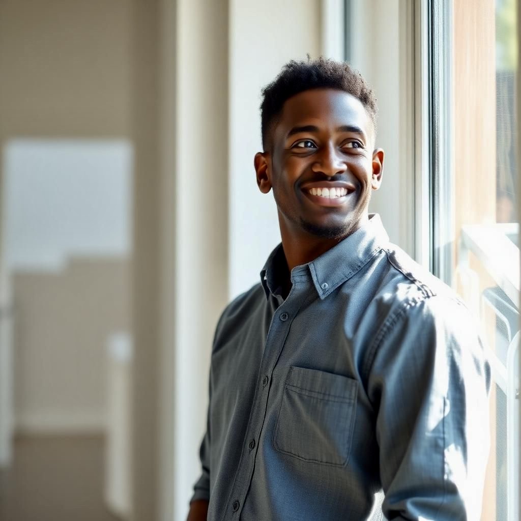 A young man smiling after a success retirement plan