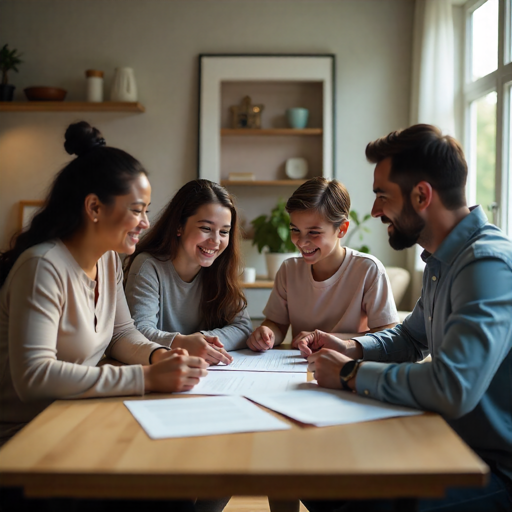Family sitting around the table with joy