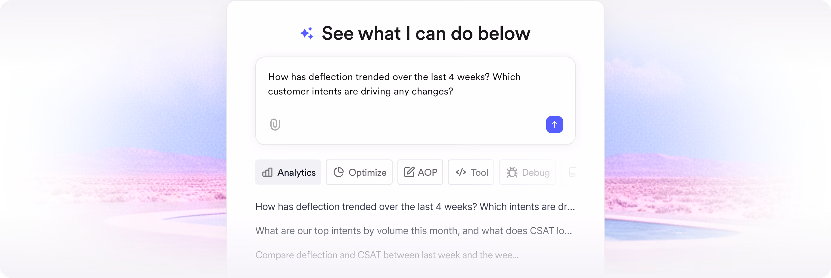 Chat interface asking about deflection trends and customer intents over the last 4 weeks with analytics options.