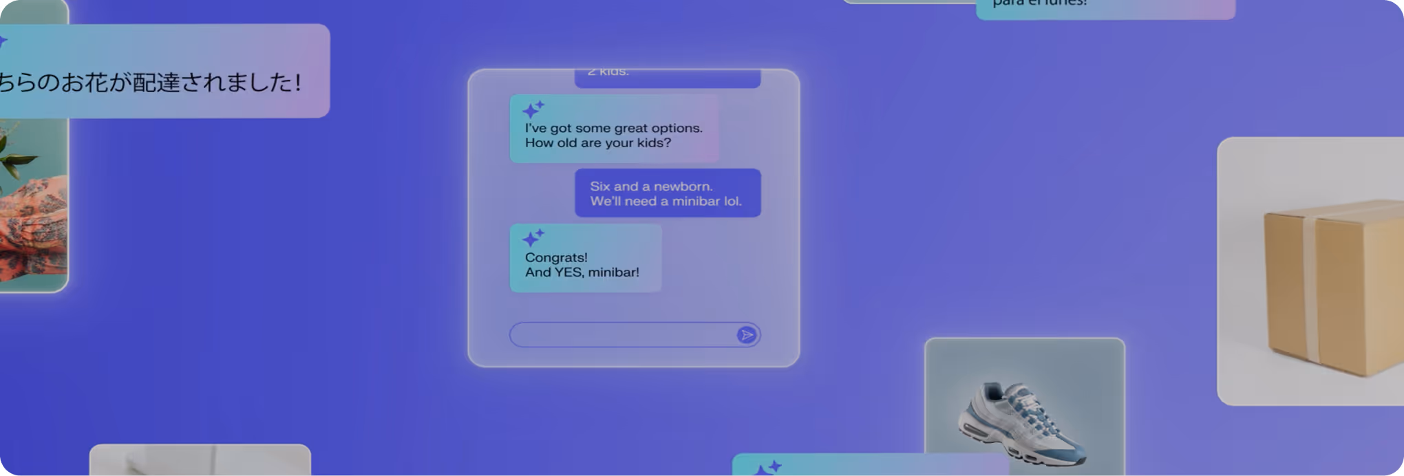 Chat messages discussing kids' ages and needing a minibar, set against a blue background with images of shoes and a box.