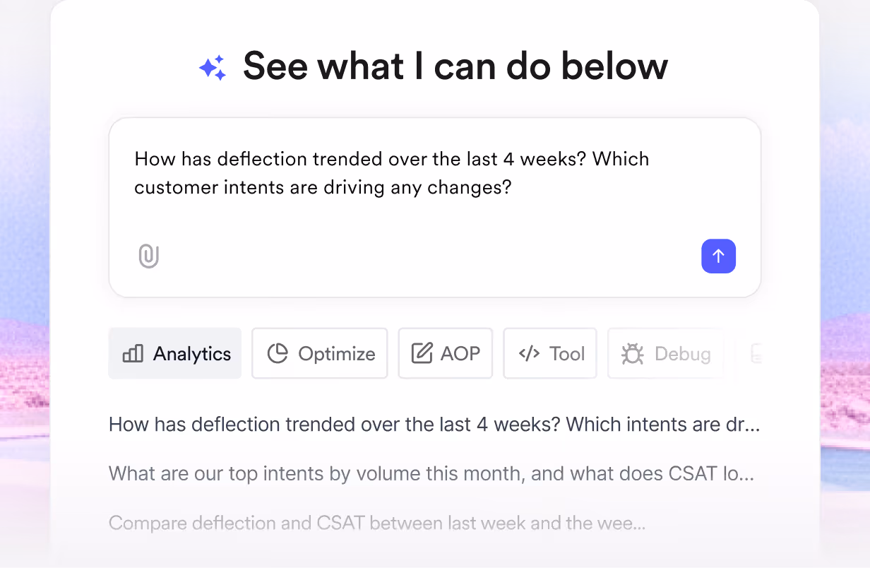 Interface showing a query input about deflection trends and tabs for Analytics, Optimize, AOP, Tool, and Debug.