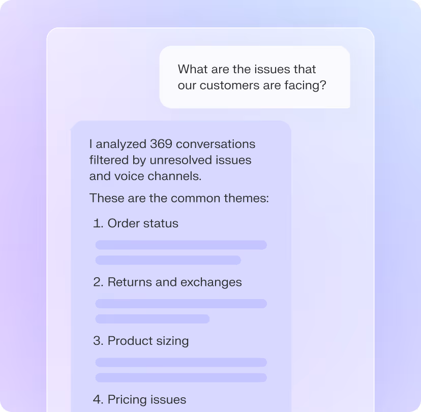 Chat showing analysis of 369 conversations with common customer issues: order status, returns, sizing, and pricing.