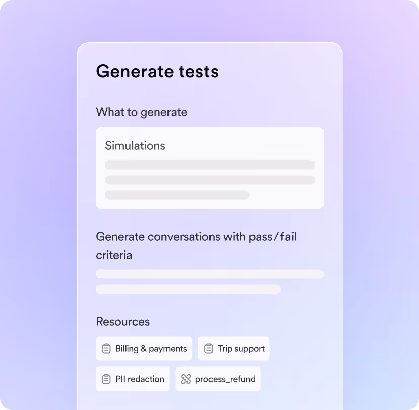 Interface to generate tests selecting simulations and resources like billing, trip support, PII redaction, and refunds.