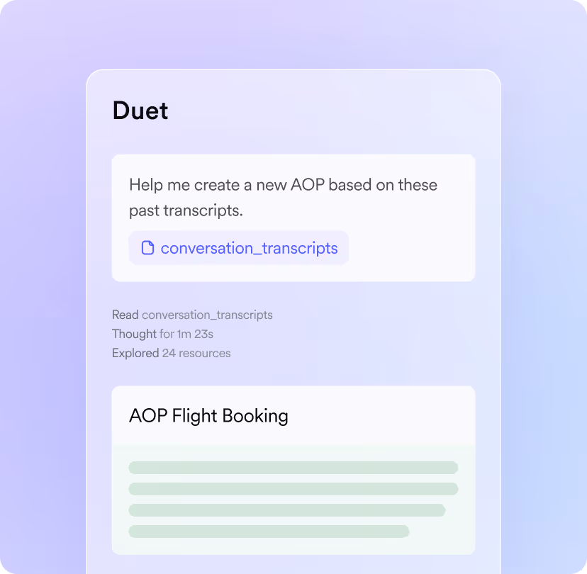 App screen showing a request to create a new AOP from past transcripts, with resource exploration details.
